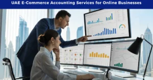 UAE E-Commerce Accounting professionals analyzing online business financial reports, VAT data, and marketplace performance dashboards in Dubai.