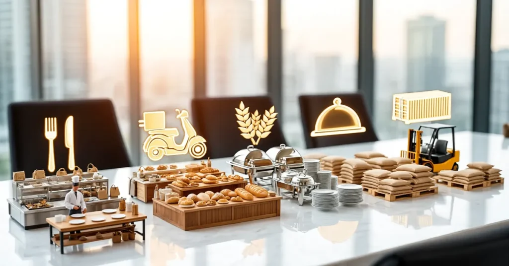 Different UAE Food Business license categories including restaurant, bakery, cloud kitchen, catering and foodstuff trading businesses.