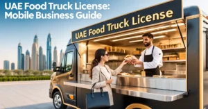 UAE Food Truck – modern mobile food business setup in UAE with branded food truck and Dubai skyline representing food truck licensing and business opportunity.