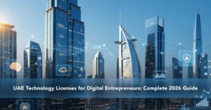 UAE Technology Licenses cover image showing Dubai skyline with futuristic digital technology overlays representing AI, cloud, and blockchain innovation ecosystem.