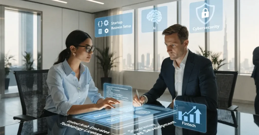 UAE Technology Licenses image showing digital entrepreneurs reviewing technology business license documents with holographic AI and cloud computing interface.