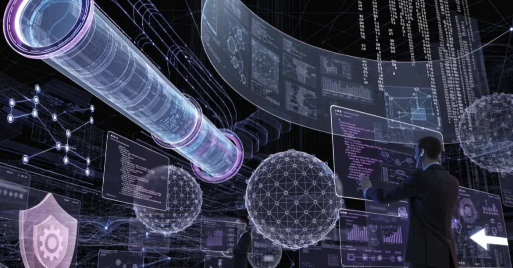 UAE Technology Licenses concept showing advanced digital ecosystem with AI, cloud computing, blockchain, and cybersecurity infrastructure.