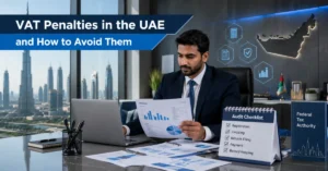 VAT Penalties in UAE – business professional reviewing VAT compliance reports and tax records to avoid penalties