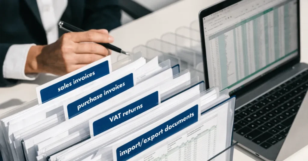 "VAT Records organized folders and accounting documents demonstrating mandatory VAT documentation for compliance"
