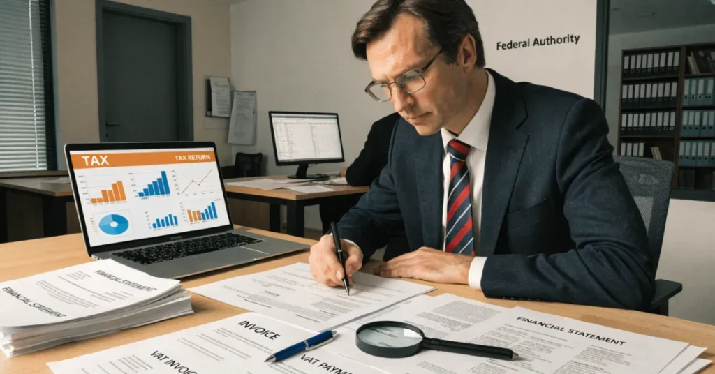 "VAT Records being reviewed during audit process in UAE showing financial documents and compliance verification"