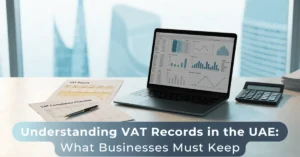 "VAT Records compliance concept showing digital accounting dashboard and financial documents in a professional office setting"