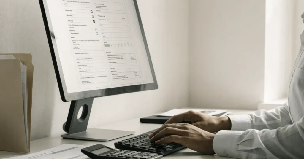 VAT Registration in UAE – Accountant completing the online VAT registration process with financial documents in a professional office.