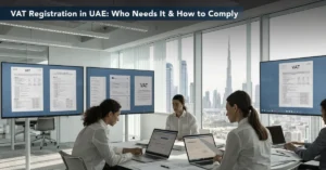 VAT Registration in UAE – Finance professionals reviewing VAT registration documents and compliance requirements in a modern UAE corporate office.