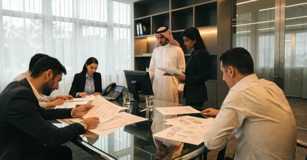 Business professionals managing the Veterinary Clinic License application process and regulatory approvals for opening a veterinary practice in the UAE.