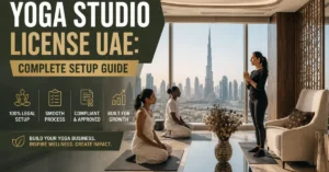 Professional wellness studio showcasing a Yoga Studio License UAE business setup with yoga classes in a premium Dubai environment.