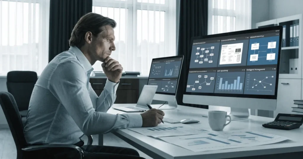 Professional accountant using AI in Accounting software for automated bookkeeping, invoice processing, and financial management.