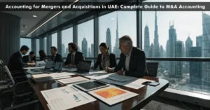 Accounting for Mergers and Acquisitions in UAE – Professional executives discussing business acquisition strategy and financial reporting under Accounting standards.