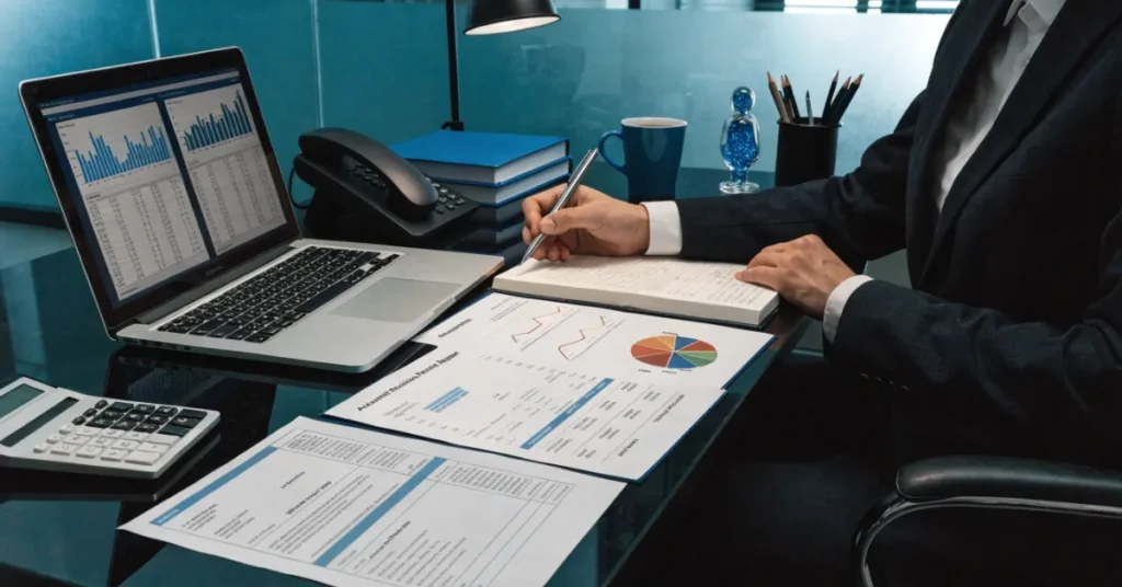 Professional workflow illustrating Accrual Accounting using invoices, receivables, payables, and financial reporting.