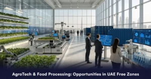 AgroTech Business Ideas in UAE Free Zones with modern agricultural technology, food processing facilities, and smart farming solutions.