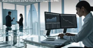 Asset Impairment guide showing accountants performing IFRS fair value accounting and financial reporting in a UAE corporate office.
