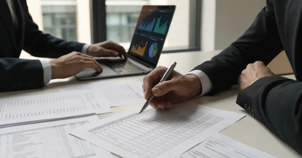 Professional Audit Committee reviewing financial reports, internal controls, compliance, and risk management documentation.