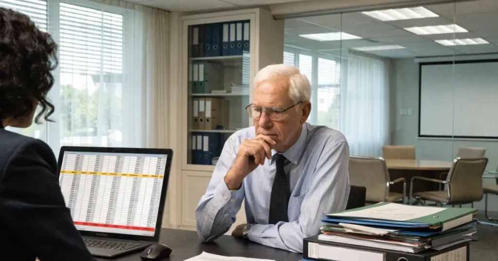 Bad Debts write-off process with finance professionals reviewing overdue receivables and maintaining accurate accounting records.