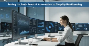 Bank Feeds automation dashboard showing secure cloud bookkeeping, real-time bank transaction synchronization, and automated financial management.
