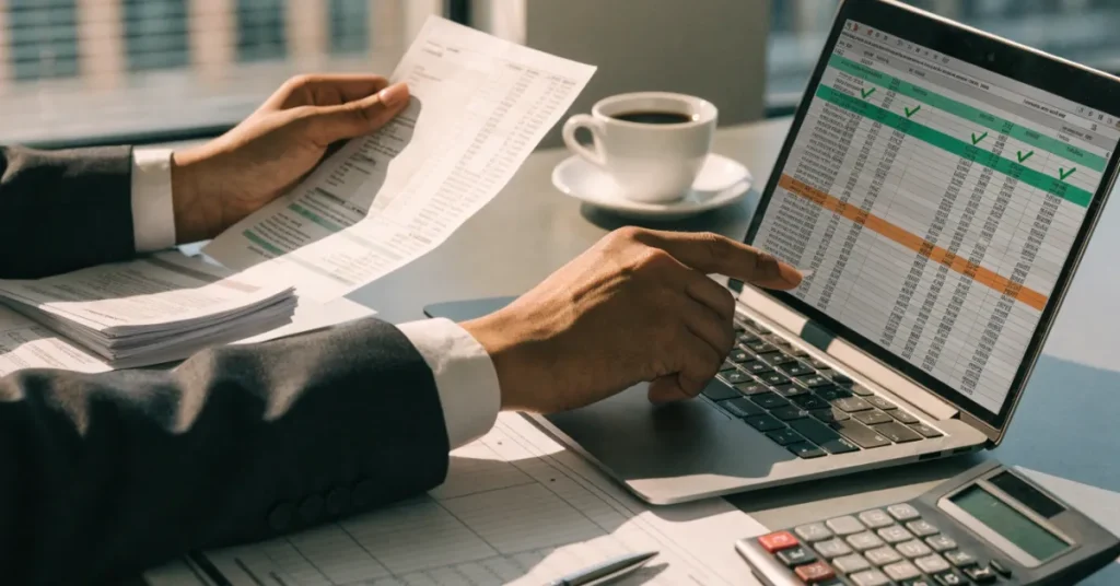 Professional Bank Reconciliation workflow showing matching bank statements with accounting records.