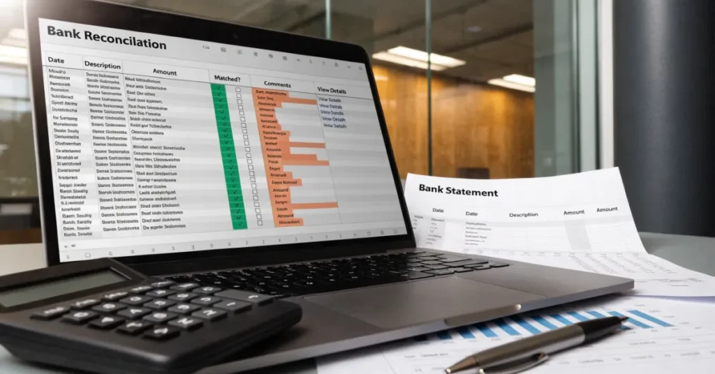 Step-by-step Bank Reconciliation process in Excel for matching bank statements with accounting records.