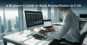 Bank Reconciliation process for UAE businesses with financial records, bank statements, and accounting software.