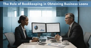Bookkeeping professional reviewing financial records to improve business loan approval and financial management.