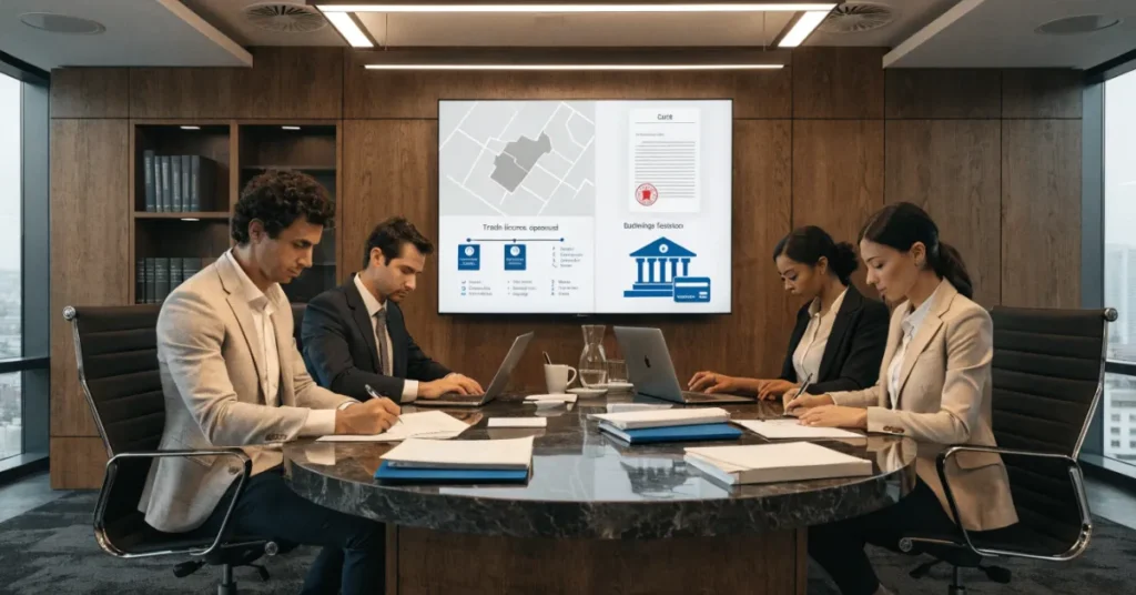 Professional Business in Dubai company registration process showing trade license documentation, investor setup, and corporate business formation.