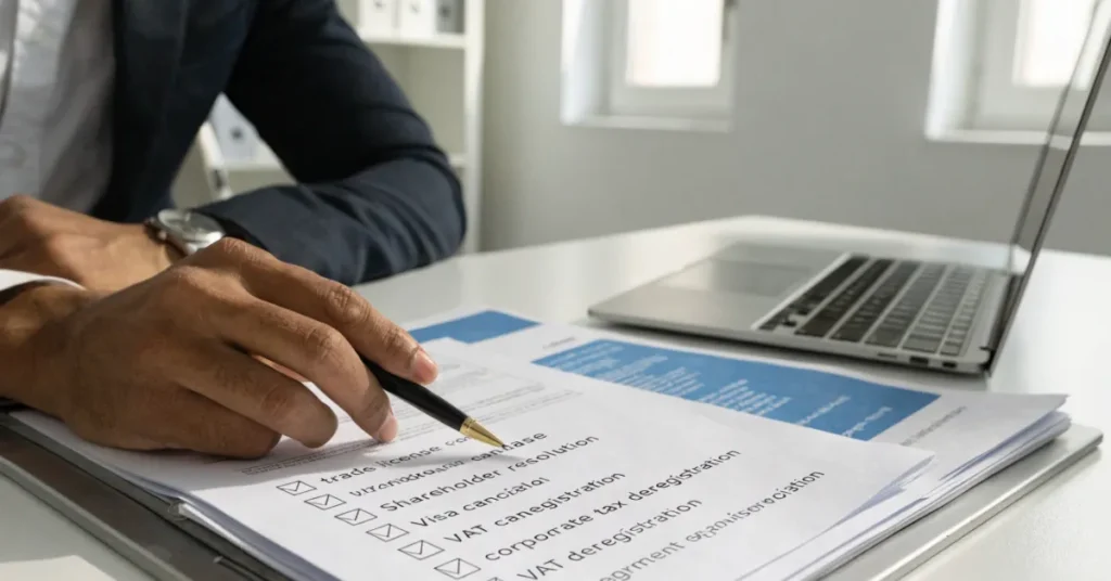 Cancel a Business License process checklist for company liquidation, government approvals, and legal compliance in the UAE.