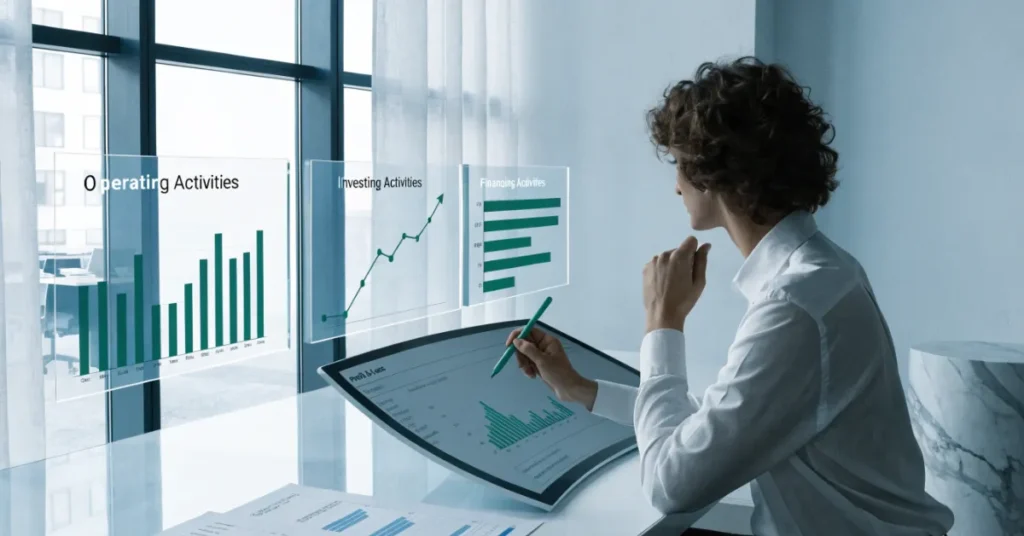 Professional illustration explaining the three sections of a Cash Flow Statement including operating, investing, and financing activities for accurate financial reporting.