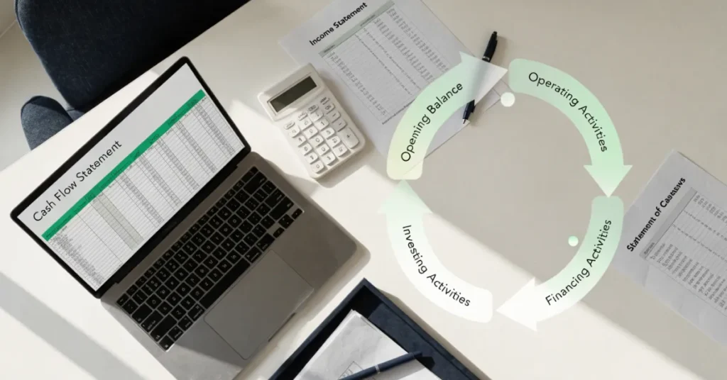 Step-by-step Cash Flow Statement preparation process showing financial records, accounting workflow, and cash movement analysis for businesses.