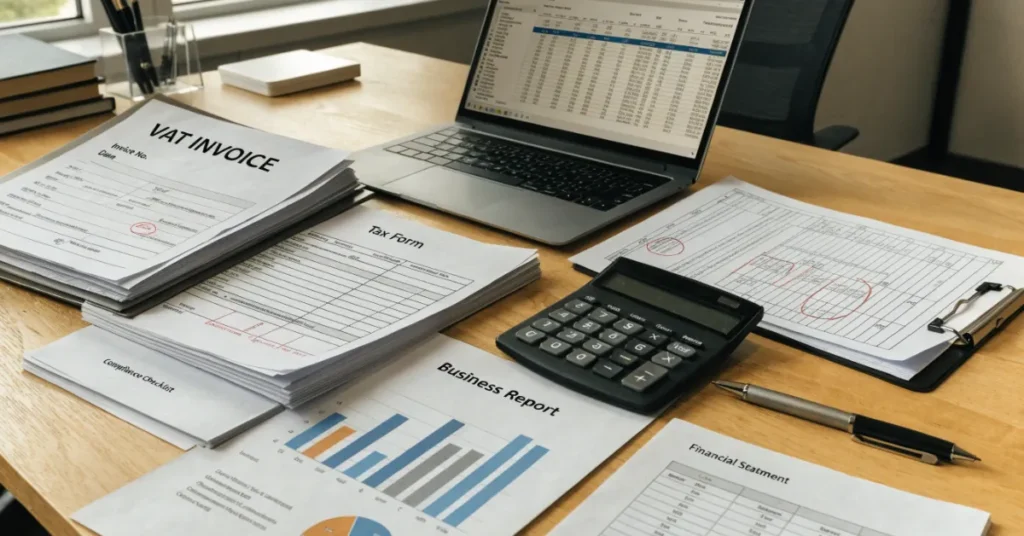 Common VAT Mistakes – VAT invoices, accounting records, and compliance checklist highlighting common VAT reporting errors.