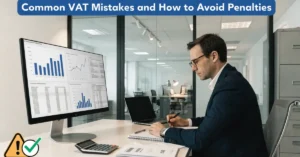 Common VAT Mistakes – Professional accountant reviewing VAT reports, tax compliance documents, and financial records to avoid VAT penalties.
