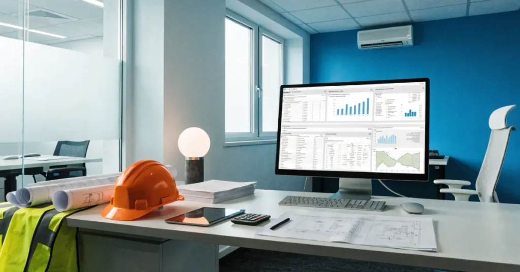Modern Construction Accounting software dashboard for project budgeting, job costing, payroll management, and financial reporting.