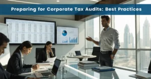 Corporate Tax Audits professionals reviewing financial records and audit documents for UAE business compliance.