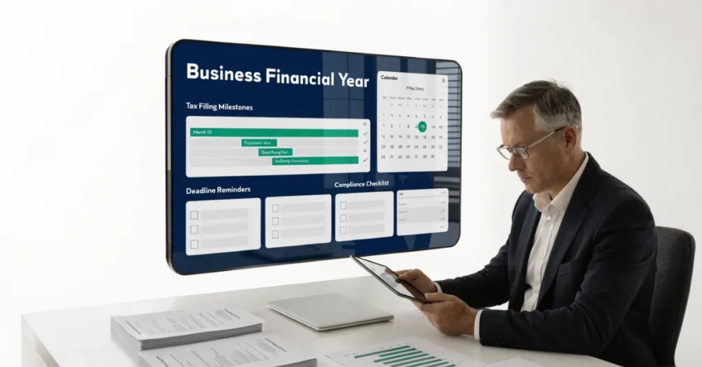 Professional Corporate Tax Filing timeline illustrating UAE tax deadlines, financial year planning, and compliance schedule for businesses.