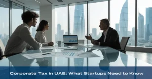 Corporate Tax in UAE – Startup founders planning corporate tax compliance and financial strategy with professional business advisors.