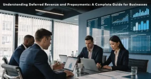 Deferred Revenue accounting and prepaid expense management with finance professionals preparing accurate financial statements and revenue recognition reports.