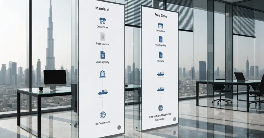 Dubai E-Commerce Licence comparison between Mainland and Free Zone business setup for online entrepreneurs.