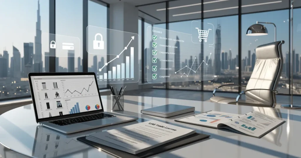 Dubai E-Commerce Licence business setup workspace with trade licence documents, online store management, and UAE business compliance.