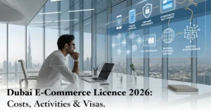 Dubai E-Commerce Licence guide showing online business setup, licensing, costs, activities, and visa process in the UAE.