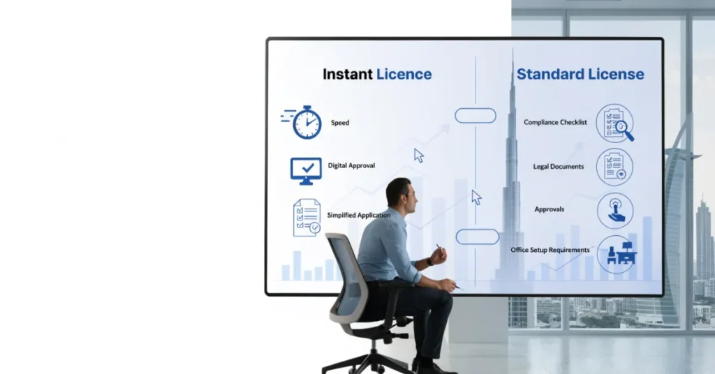 Dubai Mainland business setup showing Instant Licence and Standard Licence comparison with professional corporate compliance workflow.