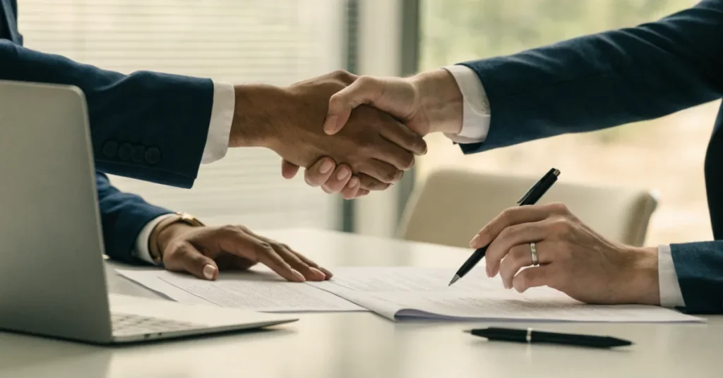 Employment Contracts – Employer and employee signing a legally compliant employment contract in a professional office.