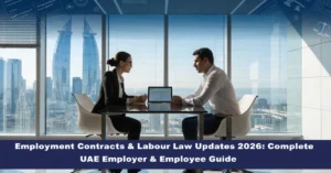 Employment Contracts – HR manager reviewing a UAE employment contract with an employee in a professional corporate office.