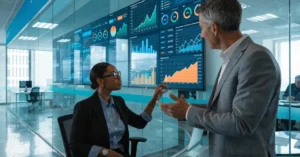 Financial Dashboards displaying real-time financial KPIs, revenue analytics, cash flow monitoring, and business performance visualization in a modern corporate office.