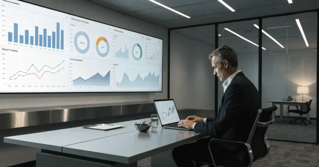 Advanced Financial Reporting dashboard showing business KPIs, profitability analysis, and cash flow monitoring for UAE professional service firms.
