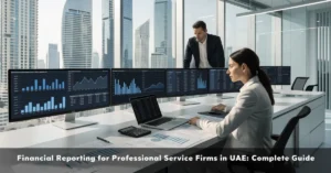 Financial Reporting professionals reviewing financial statements and KPI dashboards for a UAE professional service firm.