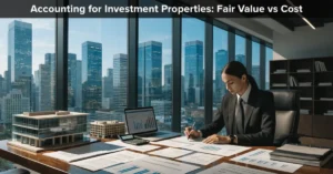 Investment Properties accounting analysis with fair value and property valuation reports in a corporate office.