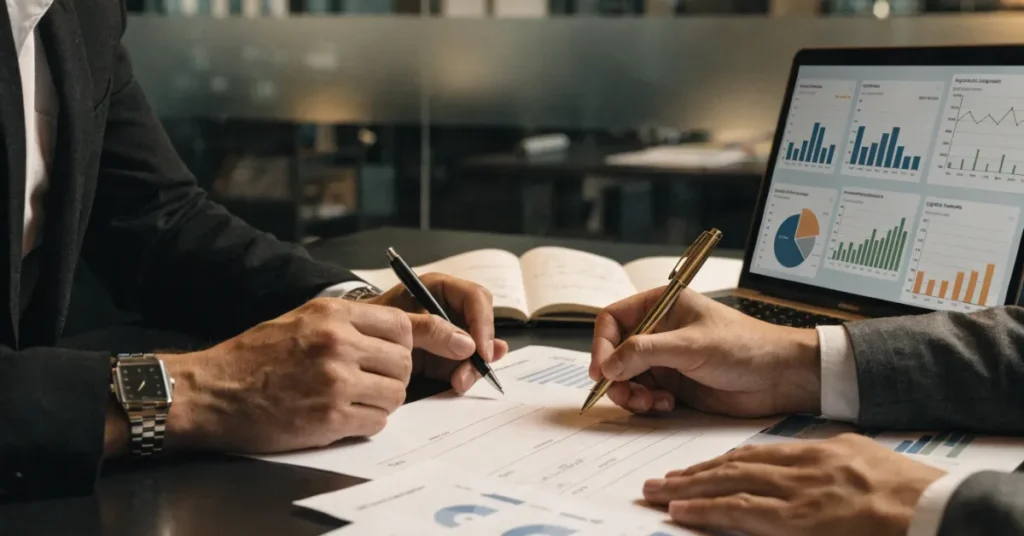 Business partners managing Joint Ventures accounting with investment tracking and financial reporting.