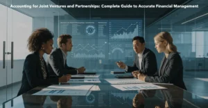 Joint Ventures accounting professionals reviewing partnership financial reports and business performance dashboard.