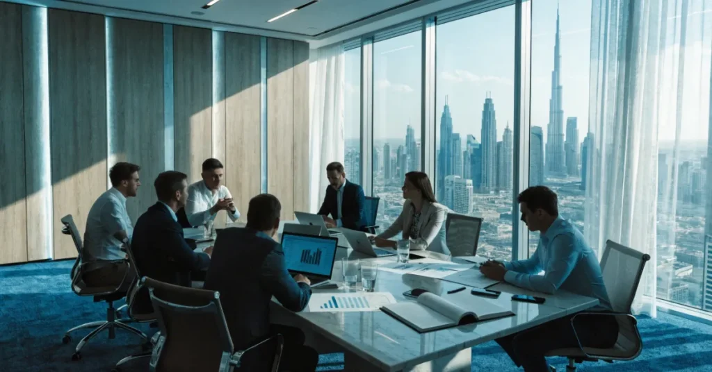 Business owners planning expansion after establishing an LLC in Dubai with professional corporate strategy meeting.